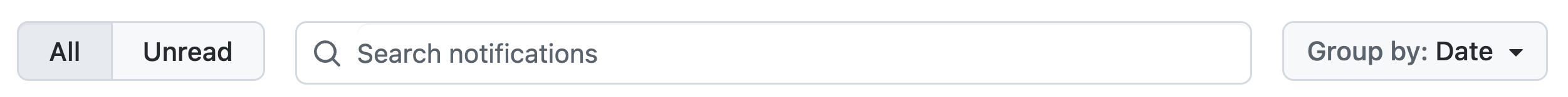 Barra Superior das Notificações. Contém um filtro All/Unread, uma barra de busca e um botão escrito Group By: Date com uma seta ao lado
