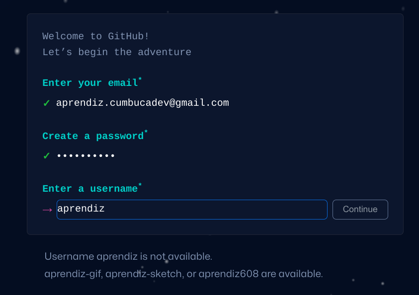 Mesma tela, apenas com a frase indicando que o nome que escolhi não está disponível, e as opções embaixo: "aprendiz-gif, aprendiz-sketch ou aprendiz608 estão disponíveis".