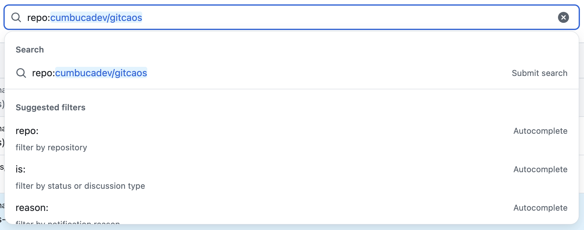 Screenshot de uma Busca por repositório: "repo:repo:cumbucadev/gitcaos"