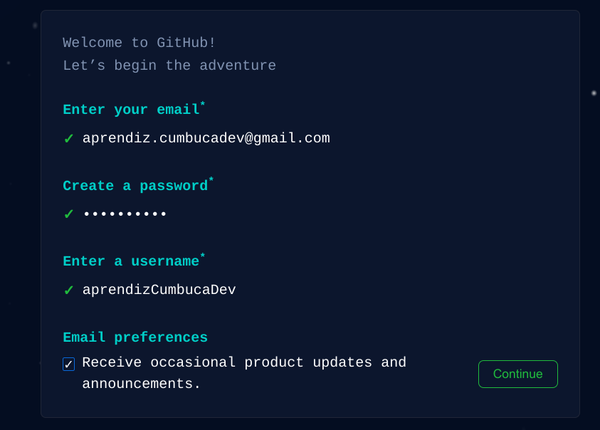 Mesma tela, com conteúdo adicional perguntando sobre as preferências de e-mail.