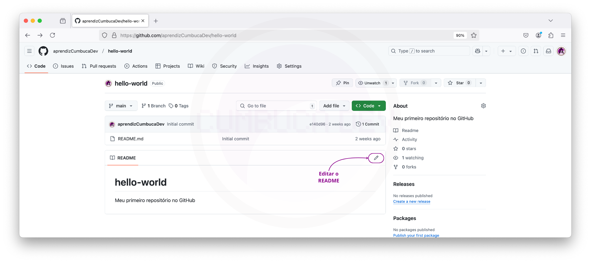 Interface do GitHub mostrando o repositório 'hello-world'. Há uma parte destacada em roxo indicando o ícone de lápis para edição do arquivo README.md