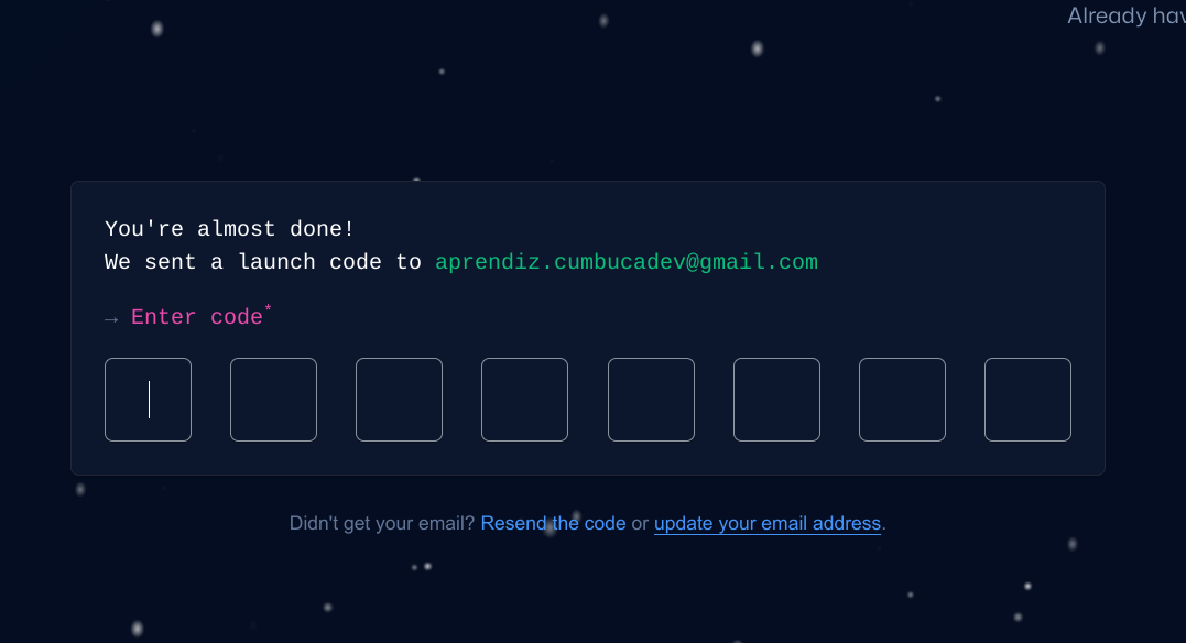 No espaço anterior, a imagem recarrega com a mensagem e abaixo dela há 8 quadrados vazios para serem preenchidos com o código.