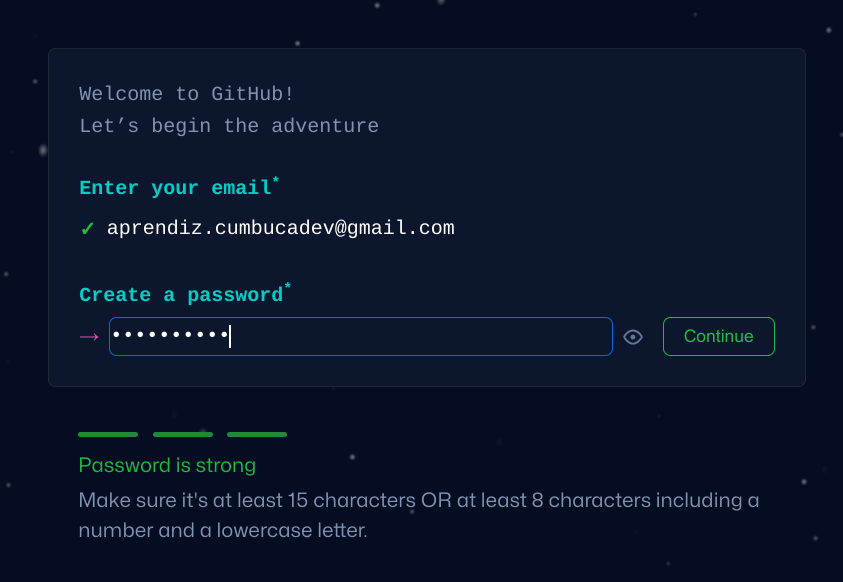 Na mesma tela, com a caixa de senha preenchida, sem aparecer para o público, com bolinhas brancas, o botão ao lado: Continue está verde, sinalizado que a senha foi aceita nos parâmetros da plataforma.