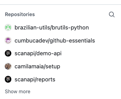 Prévia de uma lista de repositórios da pessoa usuária