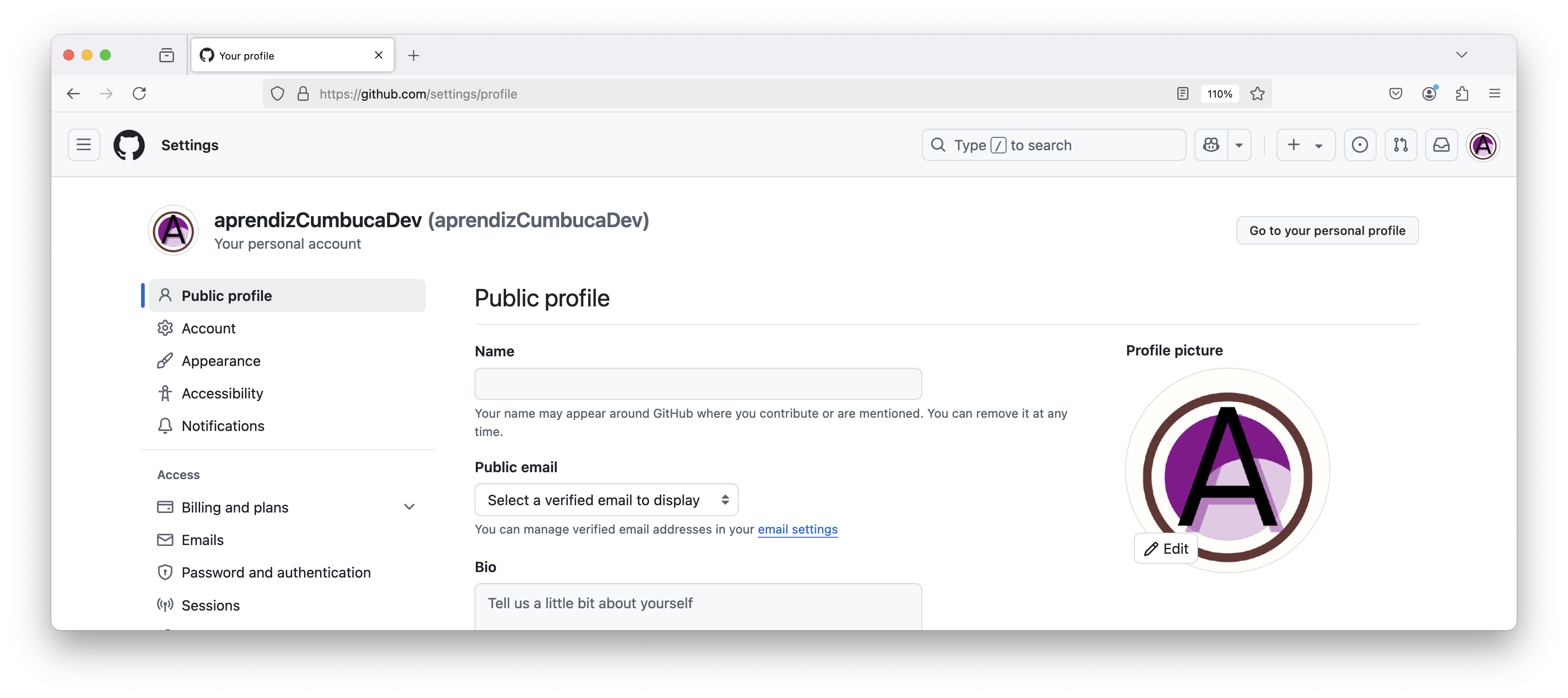 Captura de tela da página de configurações do github da conta @aprendizCumbucaDev