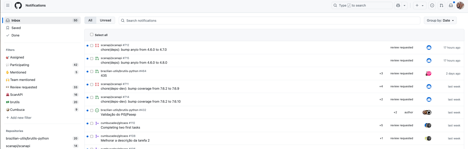 Captura de tela da página de notificações de uma conta que possui várias notificações