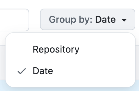 O botão escrito Group By: Date após ser clicado, expandido. Aparece as opções Repository e Date