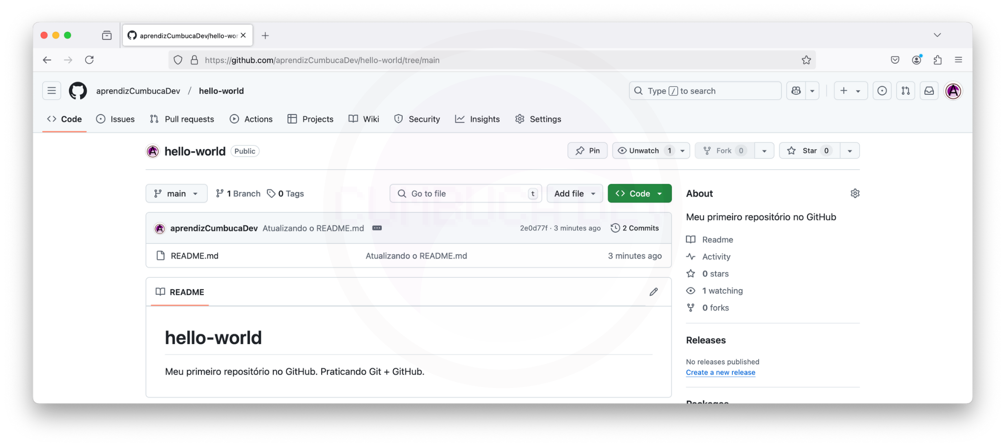 Página principal do repositório hello-world mostrando o README atualizado.