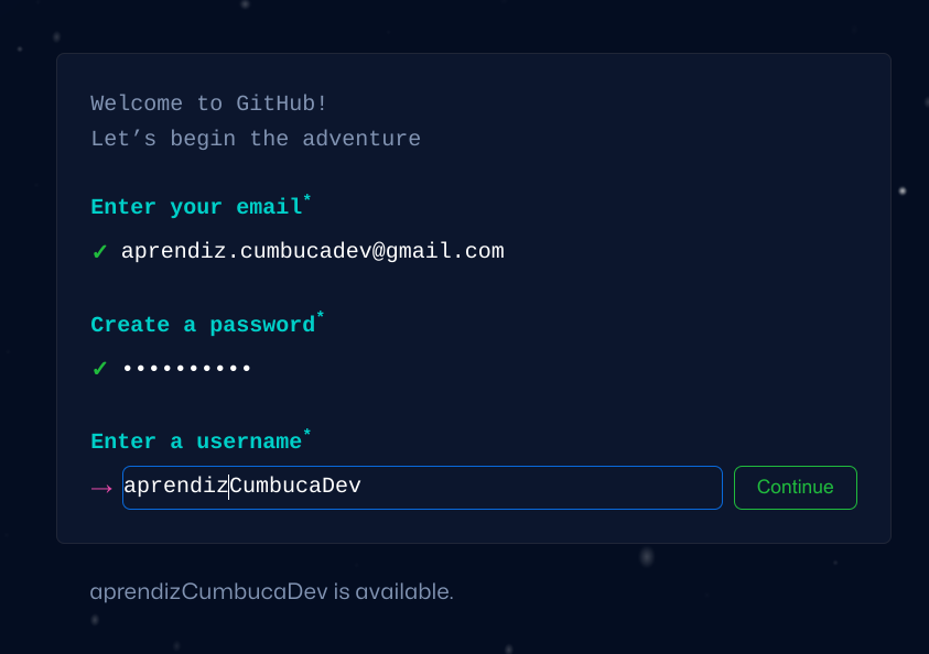 Na mesma tela de antes, o username "aprendizCumbucaDev" foi aceito. O botão "Continue" fica verde e clicável!