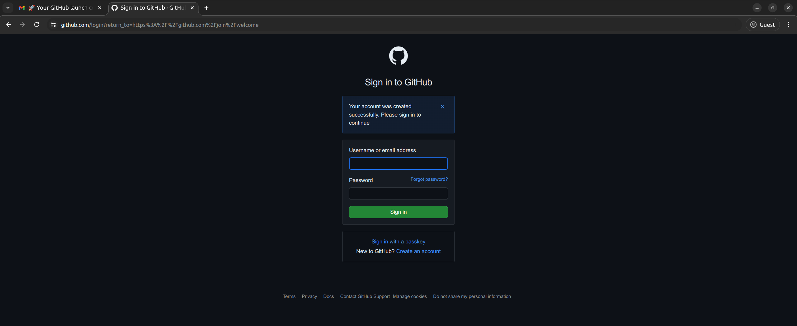 Página de login do GitHub, fundo preto com os espaços para preencher e-mail e senha e ingressar na plataforma.