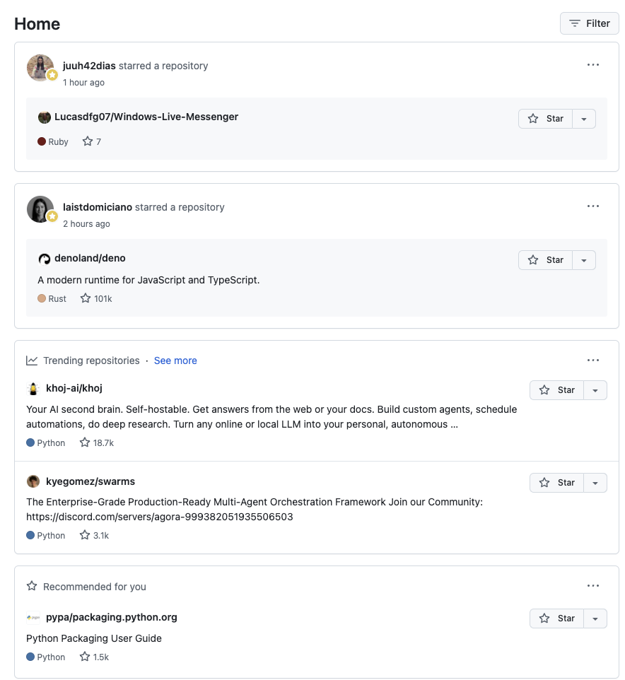 Interações da comunidade e recomendações no feed de atividades
