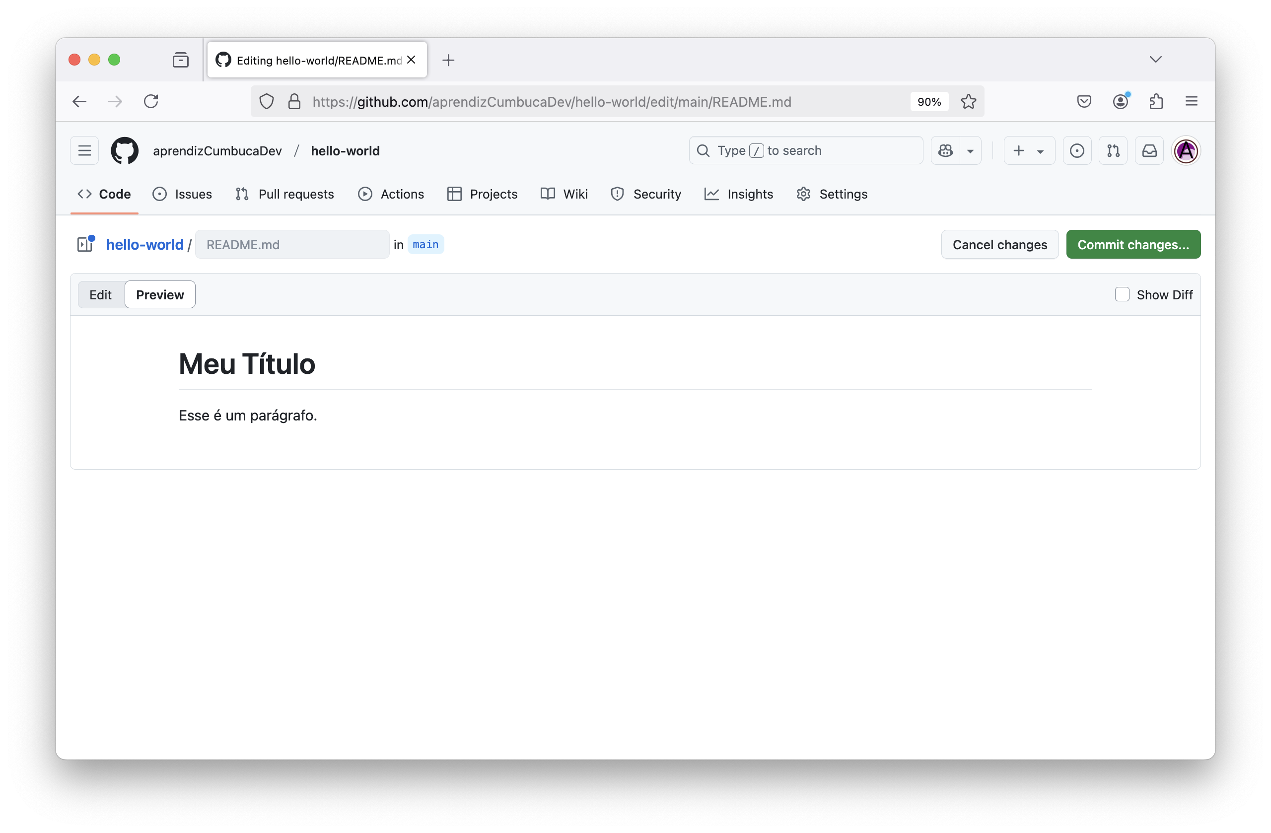 Captura de tela do editor de texto do GitHub mostrando um arquivo README com o título 'Meu Título' e um parágrafo de exemplo.