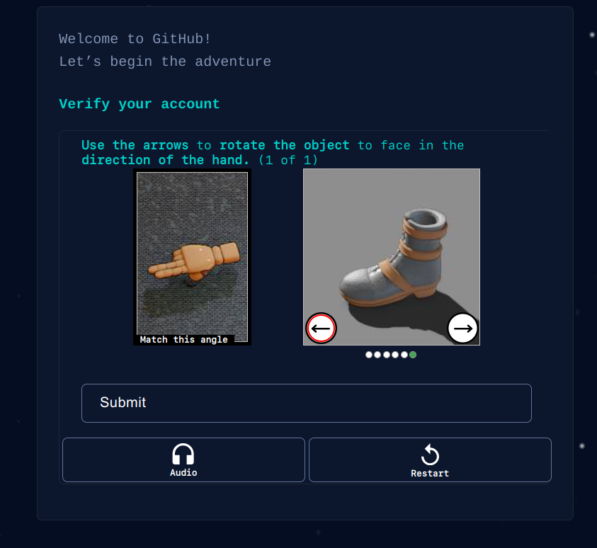 Ao centro há duas imagens, na direita uma mão apontando para a diagonal esquerda da tela e uma bota cinza também na mesma posição. Abaixo da imagem da bota, há duas setas clicáveis: uma para a direita e outra para a esquerda, onde ao clicar você vai mudando a posição da bota. Embaixo um botão com Submit.