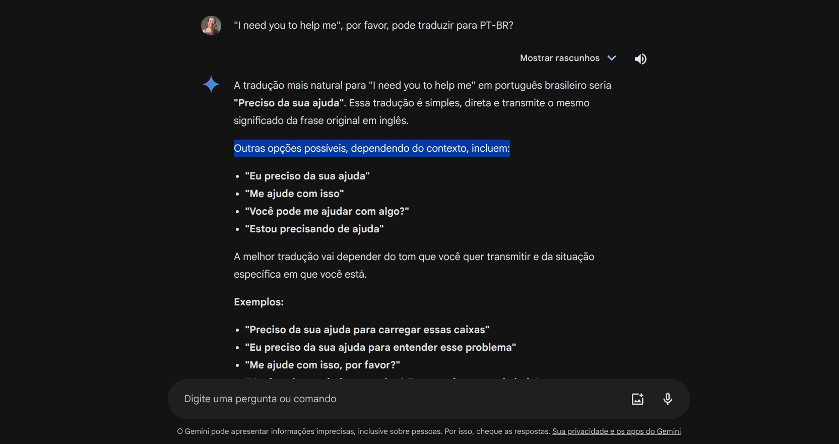Print da pesquisa no Gemini, com a mesma frase em inglês, contendo a resposta bem mais ampla com termos e exemplos explicando o uso da frase em inglês.