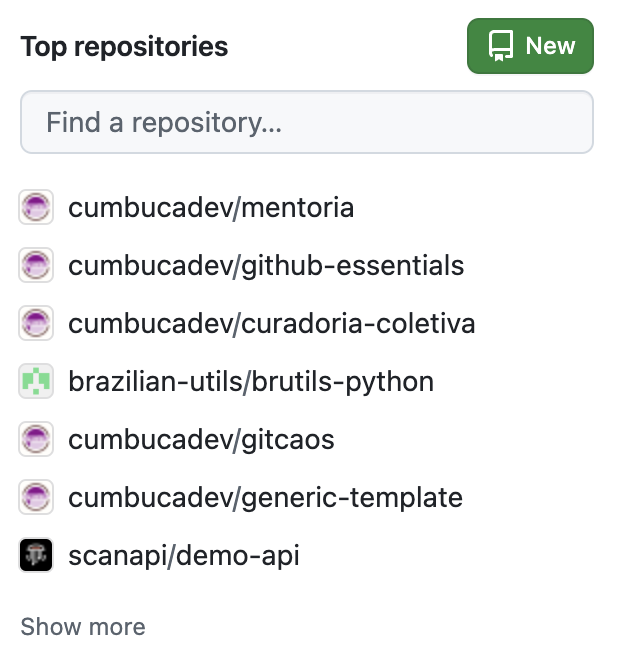 Screenshot da conta da camilamaia com os top repositórios na barra lateral