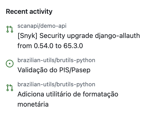 Screenshot da conta da camilamaia com as atividades recentes na barra lateral