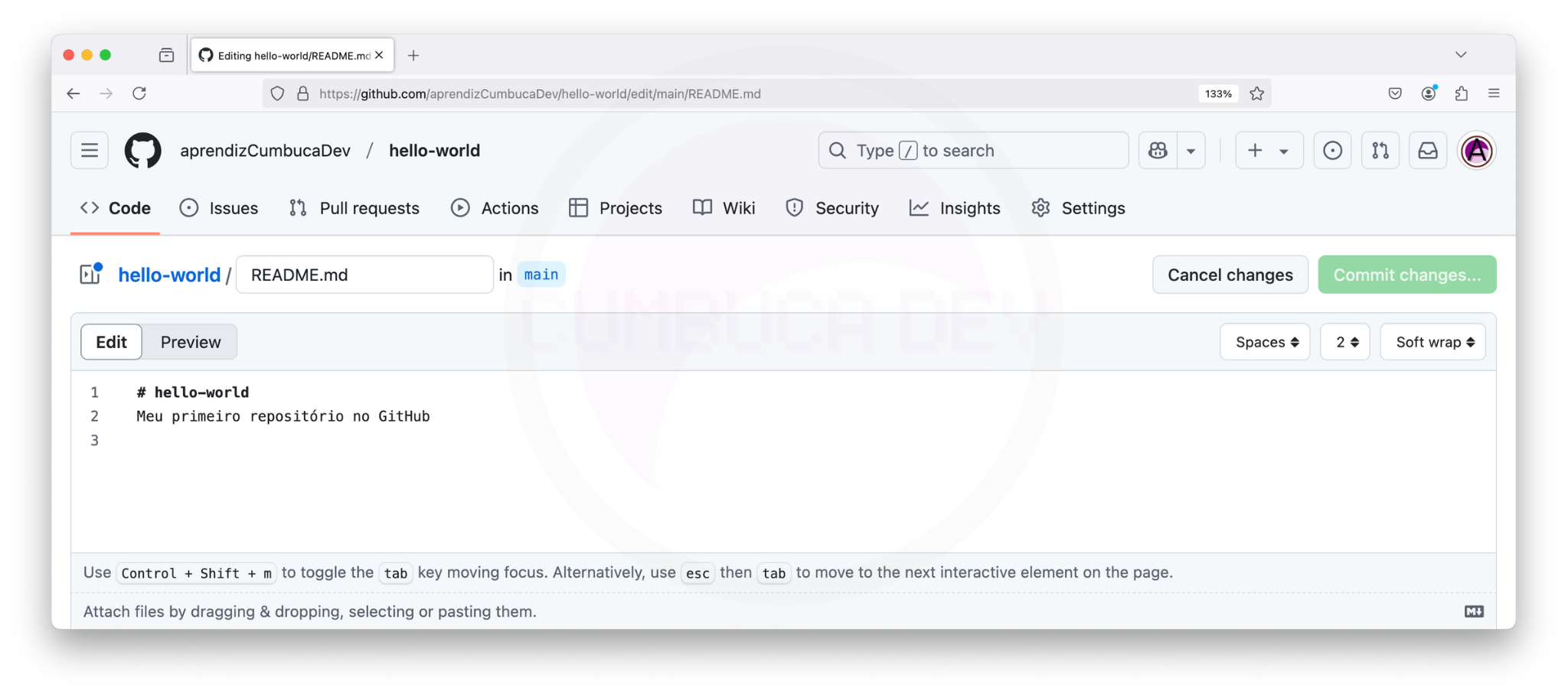 Interface do GitHub mostrando o editor do arquivo README.md do repositório 'hello-world'. O usuário está editando a descrição inicial do projeto, que é o primeiro repositório criado na plataforma