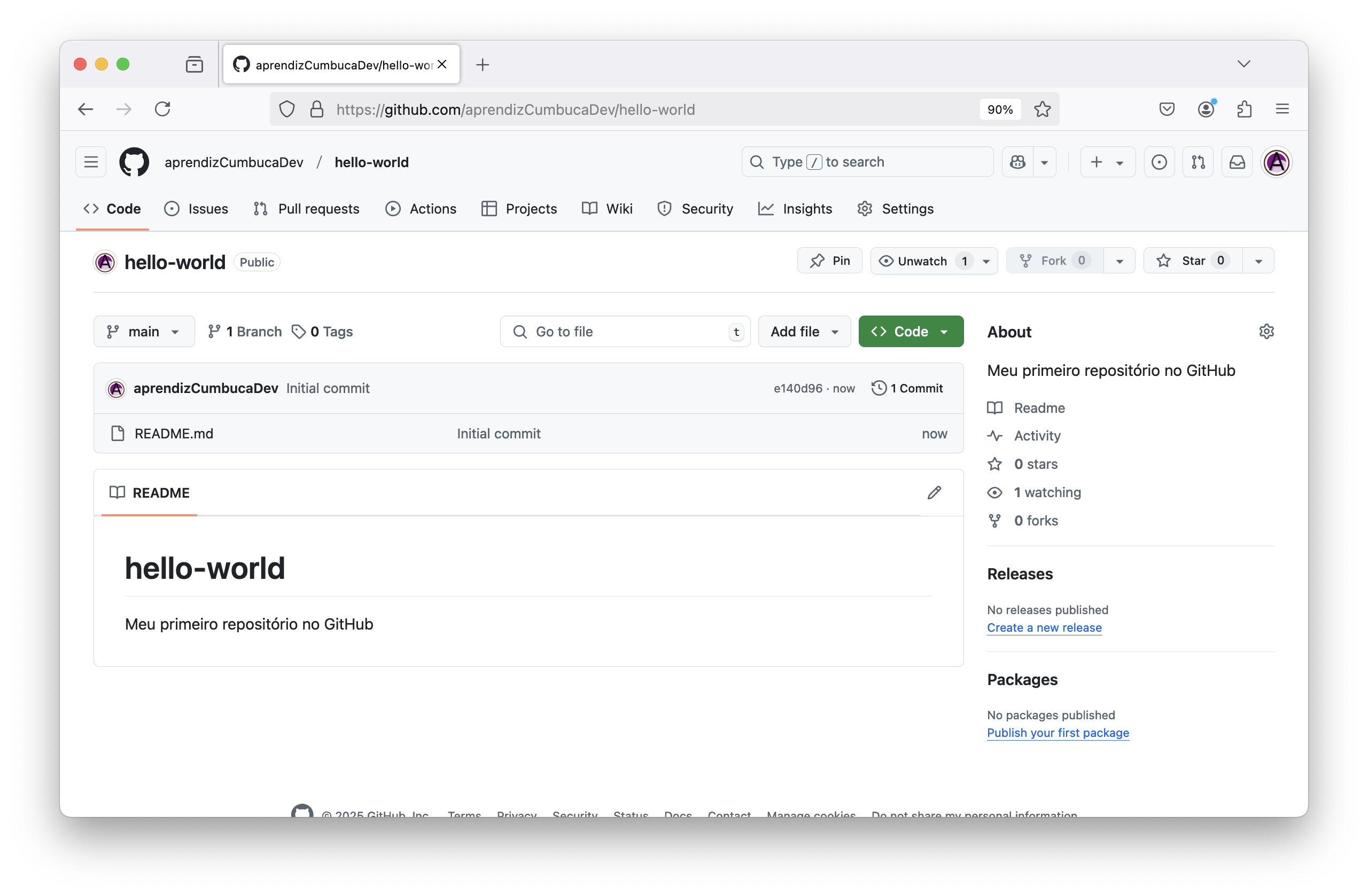 Captura de tela de um repositório no GitHub chamado "hello-world", pertencente ao usuário "aprendizCumbucaDev". O repositório contém um arquivo README.md com o título "hello-world" e a descrição "Meu primeiro repositório no GitHub". O repositório está na branch "main" e possui um único commit intitulado "Initial commit". No lado direito, há informações como 0 estrelas, 1 observador e 0 forks.