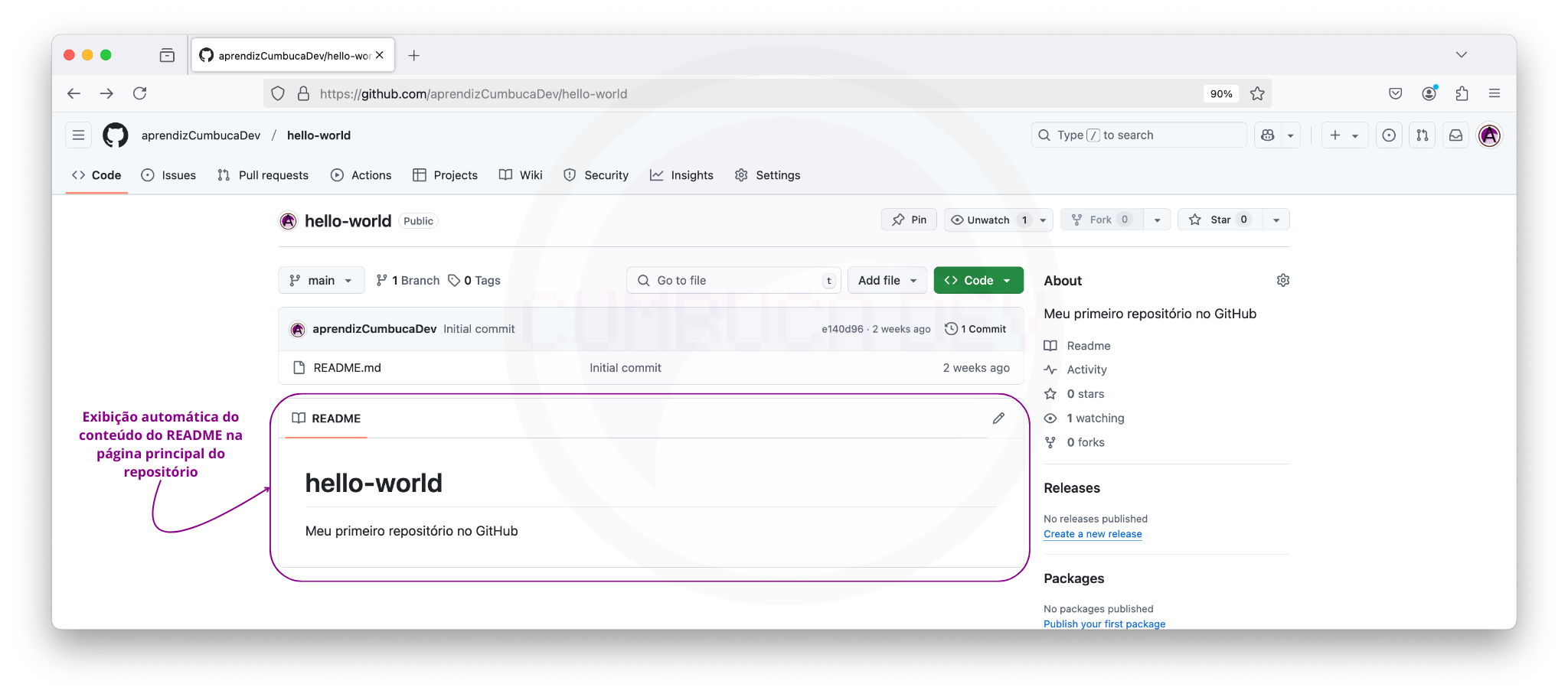 Interface do GitHub mostrando a exibição automática do conteúdo do arquivo README.md na página principal do repositório 'hello-world', logo abaixa da lista de arquivos.