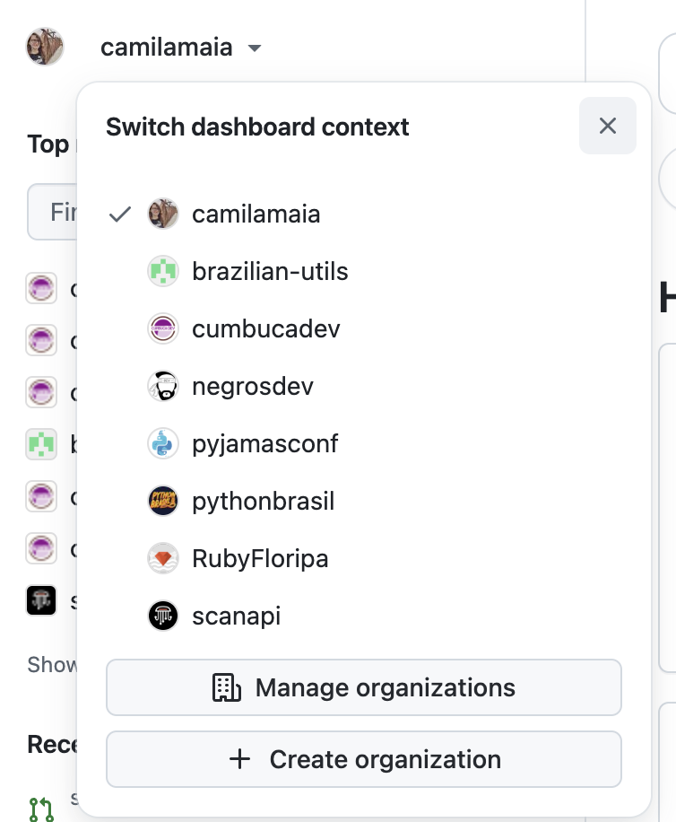 Menu de troca de contexto de conta. Screenshot da conta de camilama. Mostra várias organizações, entre elas cumbucadev