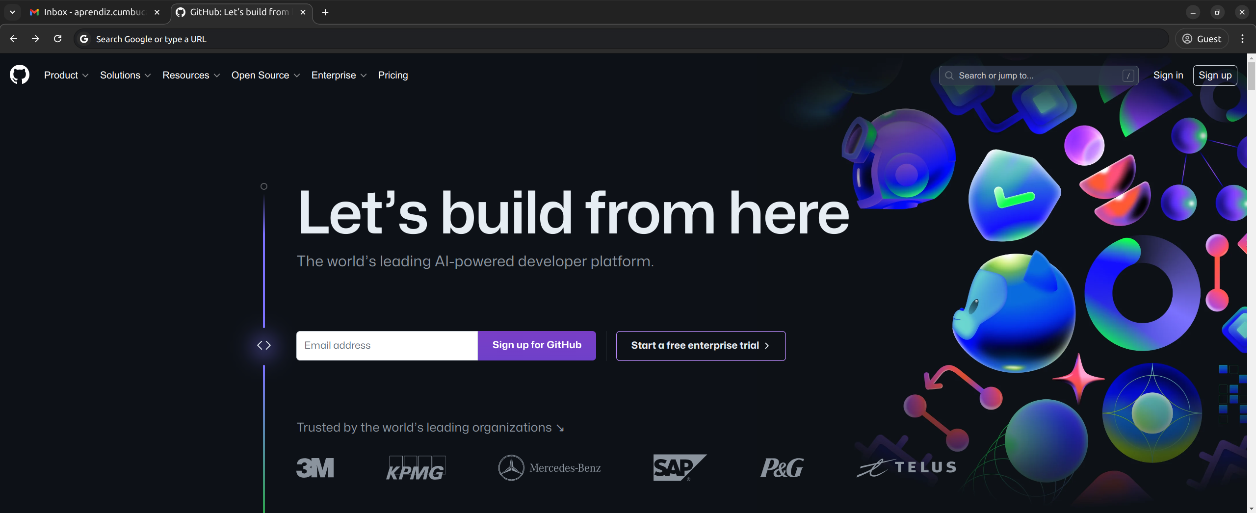Página inicial do GitHub: https://github.com/. Em um fundo preto e escritas em branco, ao centro a frase "Let's build from here", à direita um detalhe com pequenas imagens em roxo e azul, com o octocat e outros símbolos de merge, conexões, segurança, copilot, entre outros.