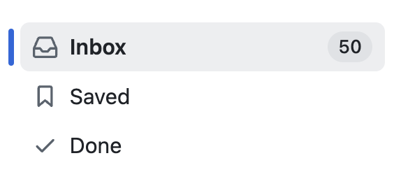 A imagem mostra uma parte do painel esquerdo, com uma lista vertical de filtros predefinidos. Cada filtro é representado por um rótulo textual: "Unread", "Saved" e "Done", exibidos em uma coluna alinhada à esquerda. O fundo é claro, destacando o texto dos filtros.