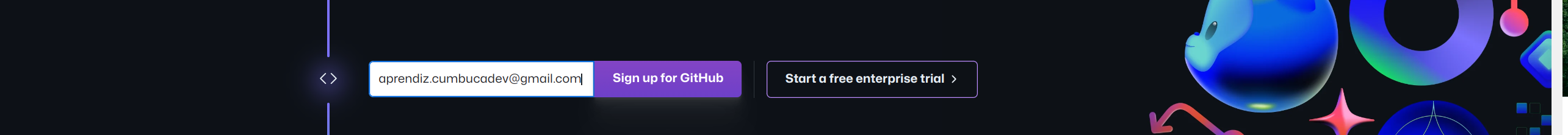 Recorte da tela com a caixa de diálogo preenchida com o e-mail: aprendiz.cumbucadev@gmail.com (apresentando a instrução). O botão de "Sign Up for GitHub" está com brilho, indicando que será clicado, enquanto "Start a free enterprise trial" está fosco, indicando que não será clicado.