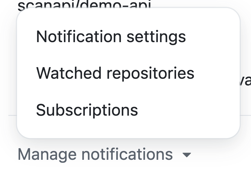 Managed Notifications expandido após clicar na seta. Contém 3 opções: Notification Settings, Watched Repositories e Subscriptions