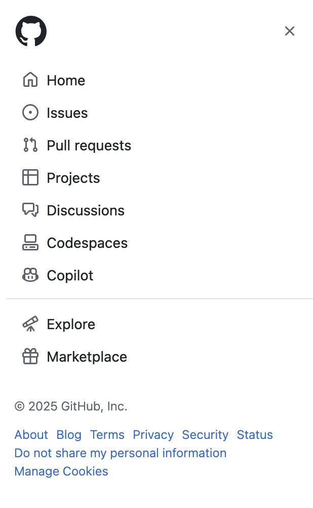 Menu Sanduíche Expandido do GitHub mostrando opções de navegação